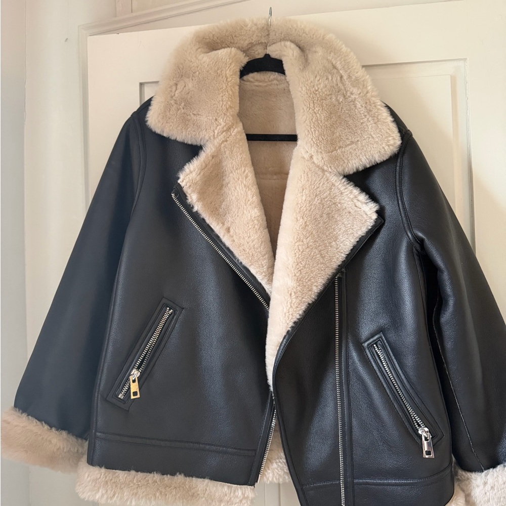 Mango Black and Cream Leather Jacket Oversized faux shearling